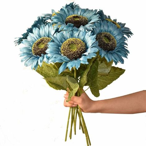 Lot de 6 tournesols artificiels vintage en soie, avec longues tiges, pour la décoration de la maison, des mariages, du jardin et des fêtes en extérieur (bleu) - DENUOTO-AquaForge (1/5)