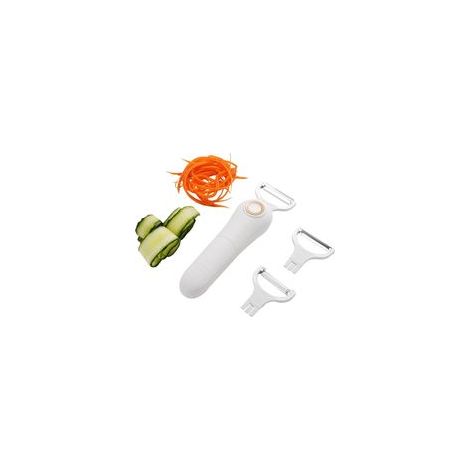 Pelador eléctrico de frutas y verduras, pelador y rebanador de acero inoxidable, herramienta de cocina 3 en 1, apto para manzanas, zanahorias, patatas y pepinos (blanco, 4,5 V CC 5 W). - Crezuo (1/5)