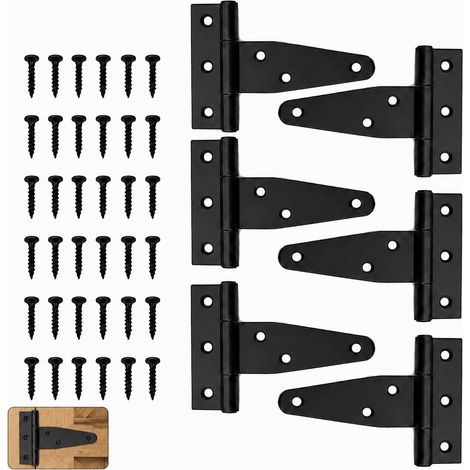 6 Pièces Charnière en T noir 98x 64 mm avec Vis, Charnière Porte Robuste pour Barrière et Porte de Grange, Charnières Noires Extérieur en Métal pour Clôture, Abri de Jardin et Portail (1/5)