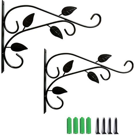 Lot de 2 crochet muraux pour plantes et pots suspendus, supports muraux de jardin en fer forgé, fleurs pour balcons, jardin et maison(noir) (1/3)