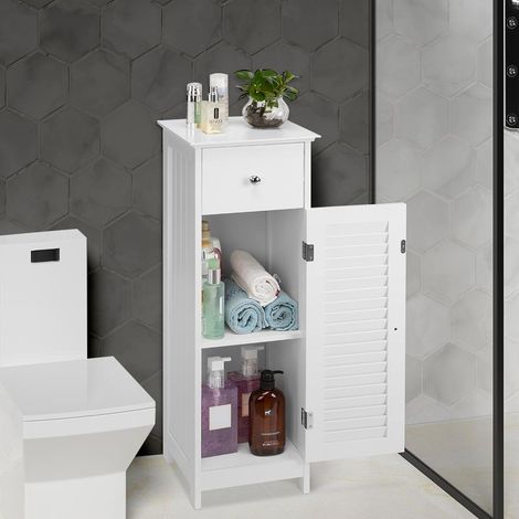Mobile Bagno con Anta e Cassetto Mobiletto 2 Ripiani Legno MDF Bianco 32x30x87cm (1/5)