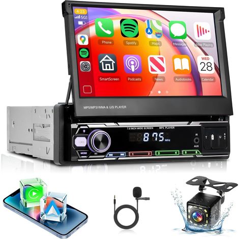 RDS Autoradio Carplay sans Fil 7 Pouces Écran 1 Din, Ecran Tactile IPS Rétractable manuellement, AM/FM Bluetooth 5.1, Android Auto sans Fil, 2 Ports USB/TF/AUX + Caméra de Recul (1/5)