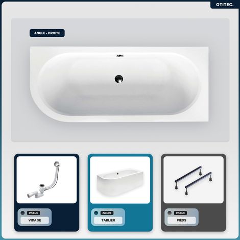 Baignoire asymétrique - 150 x 75 cm - Droite - avec Tablier Blanc - Pieds - Vidage Chrome - AVITA