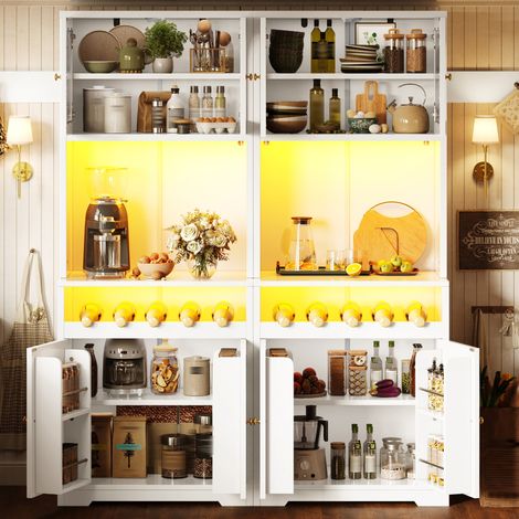 Lot de 2 buffets hauts blancs 180 cm avec LED RGB App, portes vitrées, casier à vin (1/5)