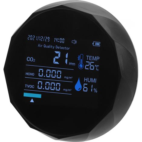 CO2-Monitor 7-in-1 Intelligenter Luftqualitätsmonitor mit Temperatur-, Feuchtigkeits-, TVOC- und Kohlendioxid-Detektor, Schwarz (1/5)