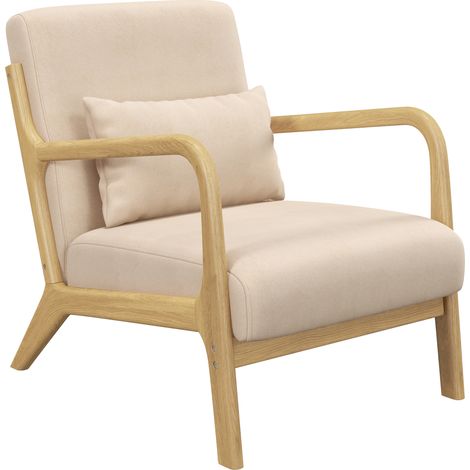 Beigefarbener Samt-Loungesessel, 3 Kissen, tiefe Sitzfläche, Armlehnen, Gummibaumholz