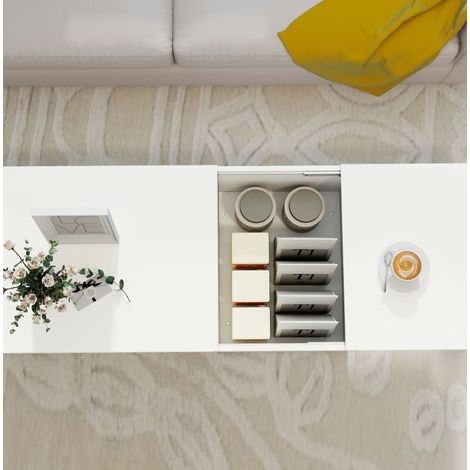 Mesa de centro regulable blanca con rieles metálicos, almacenaje y patas protectoras HAVRYA (1/5)