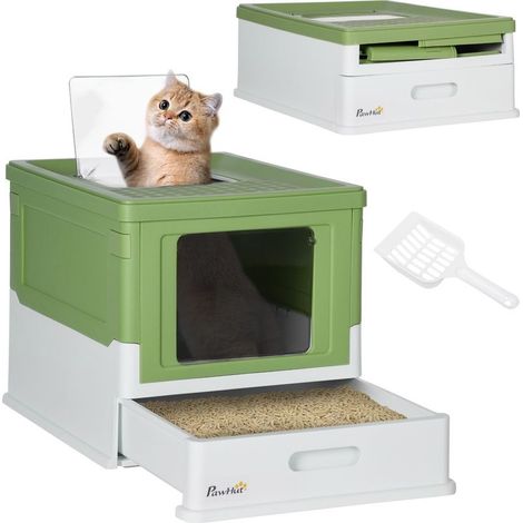 Tray to litter closed for cat with shovel, tray removable and 2 doors, 47,5 x 35,5 x 36,7 cm, green clear (1/5)