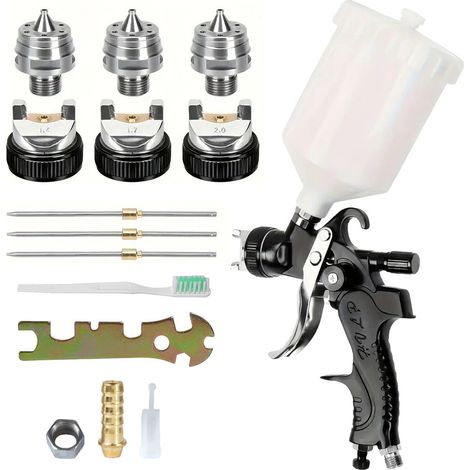 Professionnel Pistolet à Peinture Alimentation par Gravité 3 Buses 1,4mm 1,7mm 2,0mm Coupelle 600cc par gravité Meubles de Voiture Petit Pistolet de réparation (Noir) (1/5)