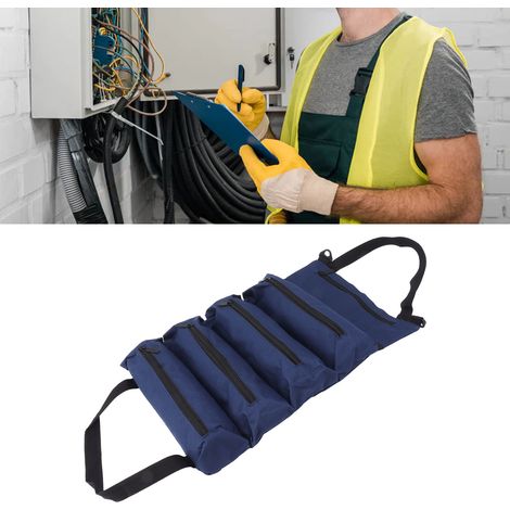 Sac d'électricien multifonctionnel, antidérapant, multipoches, sac fourre-tout en toile, sac à outils enroulable en tissu Oxford, bleu. (1/5)