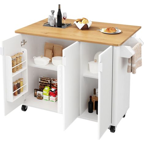 Ilot central de cuisine extensible Blanc,Desserte Cuisine avec 3 portes,plan de travail,130x45(75)x92cm (1/5)