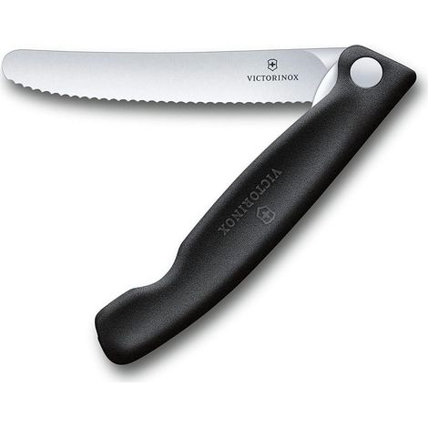 Swiss Classic Couteau de pique-nique pliable pour les randonnées, fruits, légumes, petits pains, saucisses, à lame crantée, extra-tranchante, Noir (1/5)