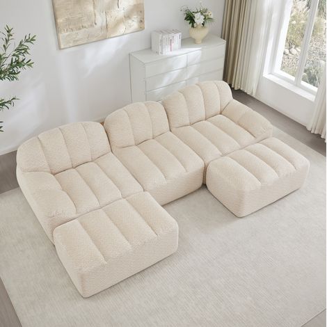 Sofá modular en U de 3 plazas con 2 otomanas, espuma de alta densidad 32D, tejido suave beige blanco (1/5)