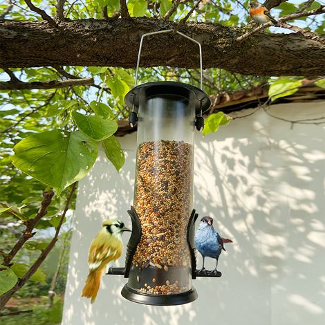 Mangiatoia per uccelli nera da 20 cm con 2 punti di accesso Stazione di alimentazione per uccelli da esterno, colonna di alimentazione a silo per uccelli selvatici