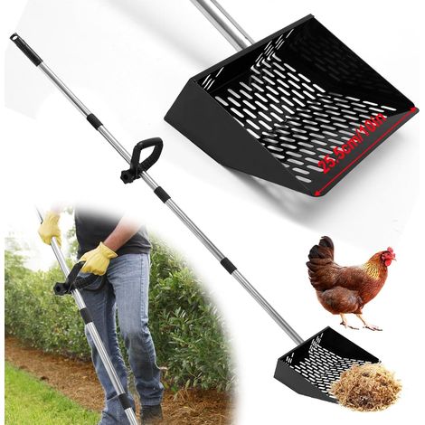 Pelle à déjections de poulet de 25,5 cm avec poignée de 137 cm pour accessoires de poulailler, tamis pour séparer les déjections et les débris du sable de poules, litière de poules, pelle (1/5)