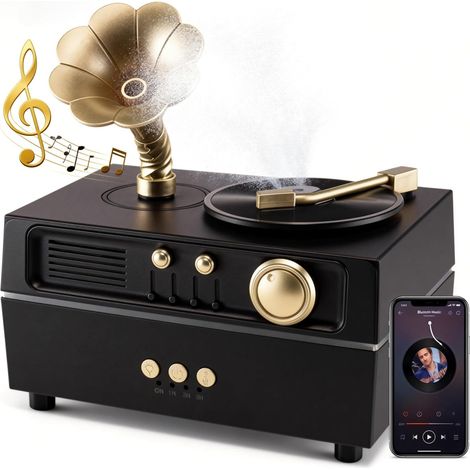 Diffuseur d'huiles essentielles, design phonographe rétro avec lecteur de musique, lumières LED 7 couleurs, humidificateur d'aromathérapie à faible bruit pour bureau à domicile, idée cadeau