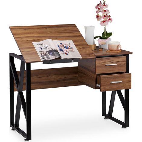 Bureau avec pupitre inclinable, réglable, table de laptop ou de dessin, 75 x 110 x 55 cm, bois/noir (1/5)