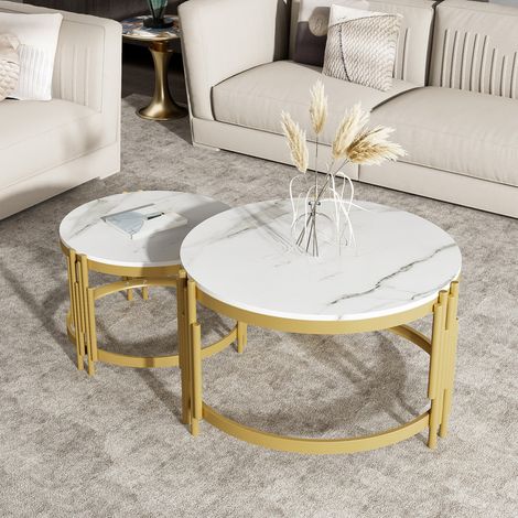 FLASIDU – Runder Couchtisch, 2-in-1-Set, Marmoroptik – aus hochwertiger Faserplatte und Metall – ideal für Wohnzimmer, Büros und Balkone – maximale Belastbarkeit 30 kg (1/5)
