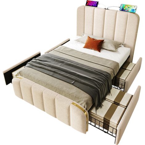 CHICFURN lit simple capitonne beige avec tete de lit USB Type C et quatre tiroirs avec matelas 90x200 (1/5)