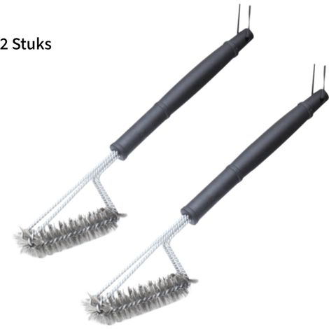 Lot de 2 brosses triangulaires en acier inoxydable pour barbecue - Nettoyage puissant - Pour grilles de barbecue - Tête à ressort - Long manche - Noires (1/5)