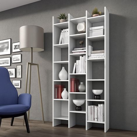 Librairie avec 18 étagères, Étagère à compartiments carrés, Étagère de bureau moderne, cm 96x29h192, Blanc (1/5)