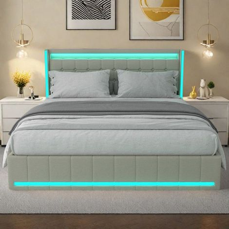 Cama doble 140x190 cm - Tejido de lino beige - 4 cajones - LED integrada - USB incluido
