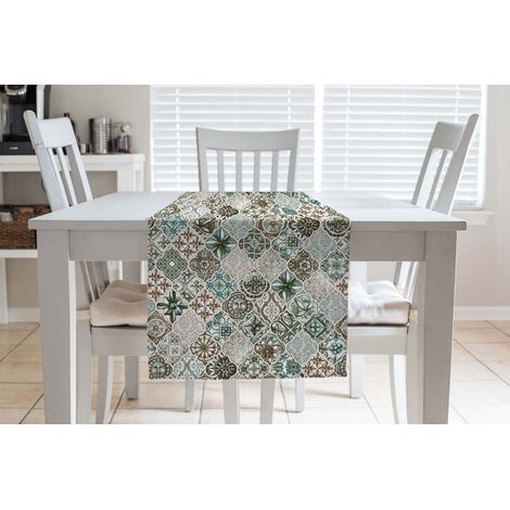 Tovaglia Da Tavola Runner Stampa Digitale 100% Cotone Telo Copri tavolo Rettangolare Salva Tavolo Prodotto Italiano Sole verde - Runner 50x150