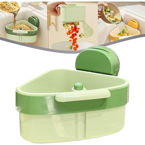 Égouttoir d'angle à ventouse amélioré avec vidange automatique, panier-filtre et porte-éponge pour robinet, organisateur facile à installer pour les déchets alimentaires et les ustensiles de cuisine(v