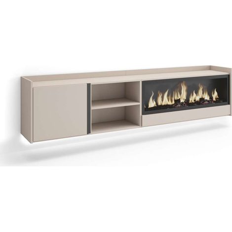 Mueble TV Montecorto-01 de 212x50x35 cm con chimenea eléctrica y luces LED, suspendido, color beige (1/4)