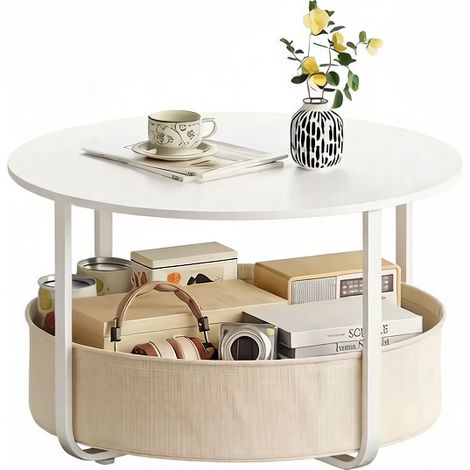 Table basse ronde avec panier en toile Ø 80 cm, cadre métallique et plateau en panneaux mélaminés (1/5)