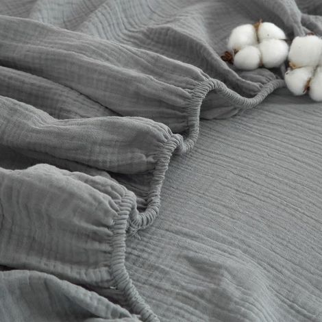 Drap Housse 100x200 Coton Gris Drap de Lit en Mousseline Drap Housse Gaze de Coton Respirant pour Matelas Épais Hypoallergénique sans Repassage Ourlet Élastique La Peut Atteindre 30cm (1/5)