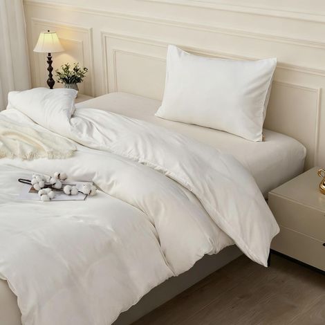 Parure de lit 2 pièces 100 % coton blanc ivoire pour lit simple 1 housse de couette avec fermeture éclair et 1 taie d'oreiller, couette non incluse (1/5)
