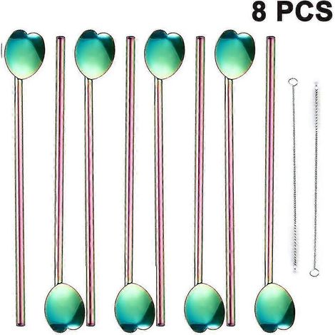 Lot de 8 cuillères à café en forme de cœur avec paille en acier inoxydable