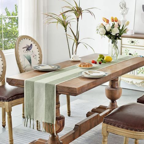Runner da tavolo in cotone e lino macramè lungo 180 cm con nappe fatte a mano, stile rustico per bar, feste e uso quotidiano (verde salvia, 180 cm) (1/5)