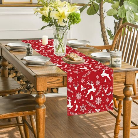 Chemise De Table De Noël - Motif Bonhomme De Neige Et Flocon De Neige - En Lin - 33 X 183 Cm - Rouge - 1 Pièce