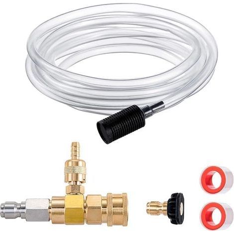 Kit di iniettore chimico per idropulitrice, distributore di sapone regolabile a 4000 PSI con ugello nero per sapone da 1/4 di pollice e nastro in Teflon, tubo sifone da 3 m, attacco rapido da 3/8 di p (1/5)