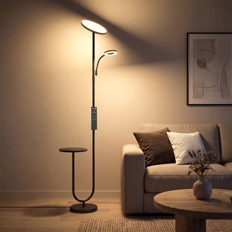 Lampadaire LED Dimmable 42W 4840LM Liseuse Réglable et Tablette Lampadaire sur Pied Salon 2700K-6000K Télécommande Noir (1/5)