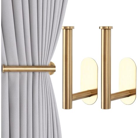 Supports de rideaux auto-adhésifs - 2 pièces, crochets de suspension sans perçage pour rideaux, supports de rideaux muraux sans dommage avec adhésif réutilisable puissant (2, or) (1/5)