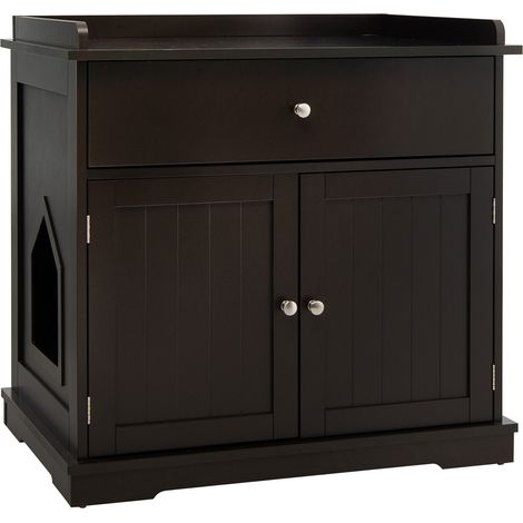 Meuble cache-litière pour chat marron en bois avec tiroir et plateau à rebords, entrée ventilée pour salon et chambre (1/5)