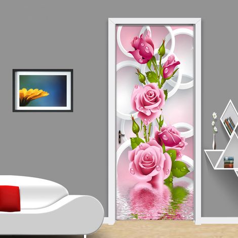 Autocollant de porte effet 3D rose rose (77x200cm), autocollant mural intérieur en PVC pour décoration murale salon cuisine chambre salle de bain papier peint