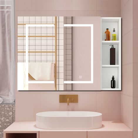Aica Armoire avec miroir LED de Salle de Bain Murale, 80x70cm avec Prise Rasoir+Anti-Buée + Tricolore + Dimmable +armoire latérale, Blanc