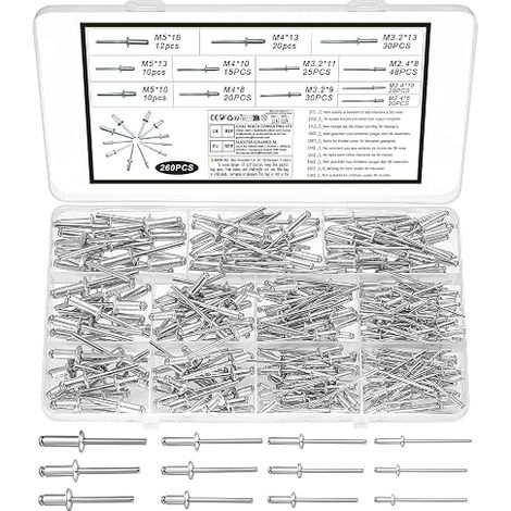 260 x Rivets à tête large, rivets à tête large en aluminium, rivets à tête large en aluminium pour métaux, bois, bateaux, voitures, meubles, rails et artisanat (argent, M2.4, M3.2, M4, M5) (1/5)