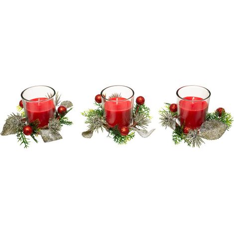 Trio Kerze Tischzentrum mit Dekoblättern 180 gr rot - Feeric lights & christmas