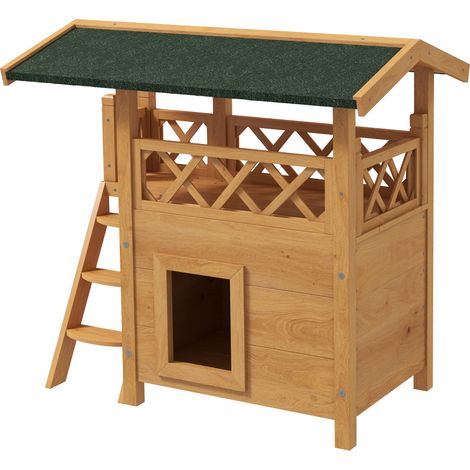 Nichoir de style lodge pour chats sauvages errants, avec terrasse et escalier, 77 x 50 x 73 cm, en bois naturel