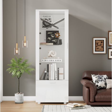 Vitrine blanche laquée avec porte en acrylique et LED, 50 x 40 x 160 cm, 3 étagères, REDOM (1/5)