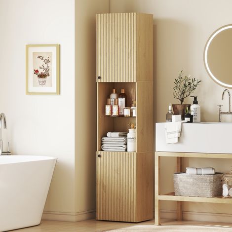 Mobiletto da bagno alto a 6 ripiani con 2 ante, ripiano in vetro temperato, ripiani regolabili, 40x31x182 cm, rovere
