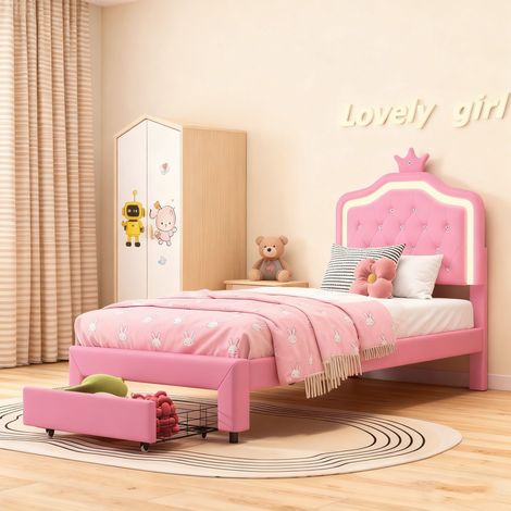 Lit princesse 90x200, Lit enfant 90x200cm avec tiroir, cadre de lit avec LED, lit de princesse en forme de couronne, PU, rose