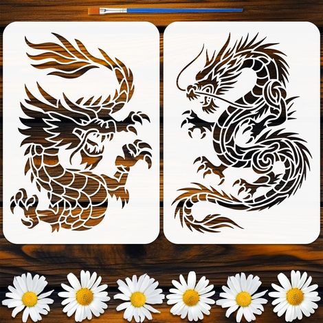 2 Pcs Pochoir Peinture Totem Dragon Chinois avec Pinceau, 29.7x21cm Réutilisable Modèle de Pochoir Dragon Décoratif DIY pour Bois, Tissu, Meubles, Mur, Artisanats DIY, Décor Maison (1/5)