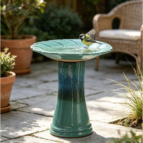 Bañera para pájaros de cerámica Ø43 x 45 cm azul verdoso DESVIAE (1/5)