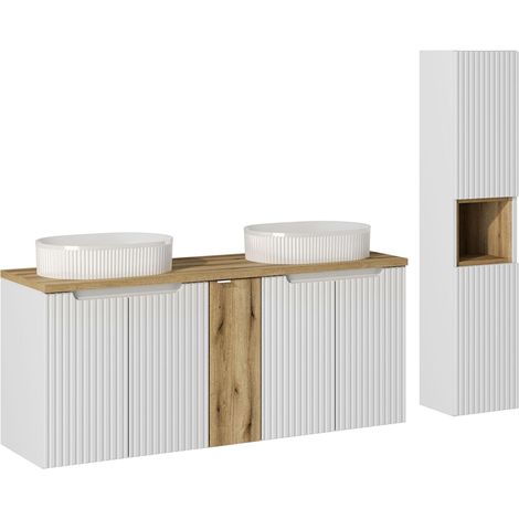 Doppelwaschtisch und Hängesäule 140cm Riva, Weiß und Holzoptik